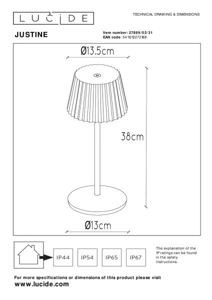 Lucide JUSTINE - Rechargeable Table lamp Indoor/Outdoor - Battery pack - LED Dim. - 1x2W 2700K - IP54 - With wireless charging pad - White - technical